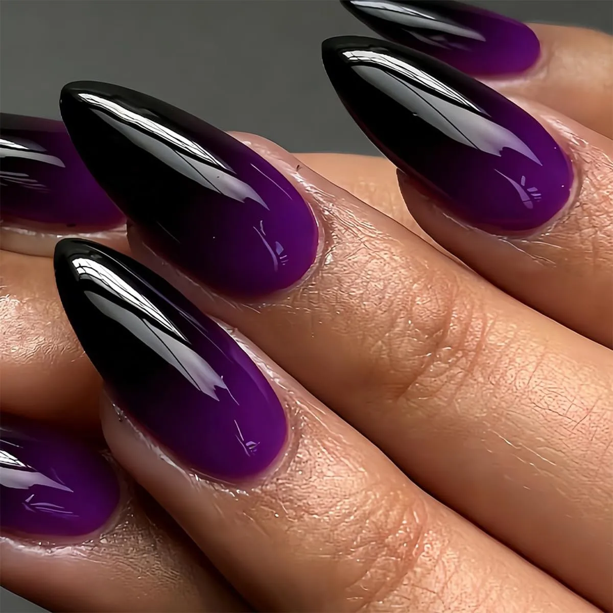 Purple Gradient Stiletto Press on Nails Glossy Medium Length Fake Nails Black French Tip Glue on Nails with Full Cover Design Reusable Acrylic False Nails for Women and Girls 24 Pcs