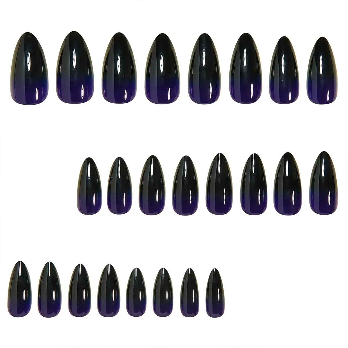 Purple Gradient Stiletto Press on Nails Glossy Medium Length Fake Nails Black French Tip Glue on Nails with Full Cover Design Reusable Acrylic False Nails for Women and Girls 24 Pcs
