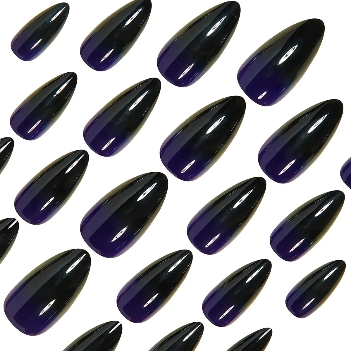 Purple Gradient Stiletto Press on Nails Glossy Medium Length Fake Nails Black French Tip Glue on Nails with Full Cover Design Reusable Acrylic False Nails for Women and Girls 24 Pcs