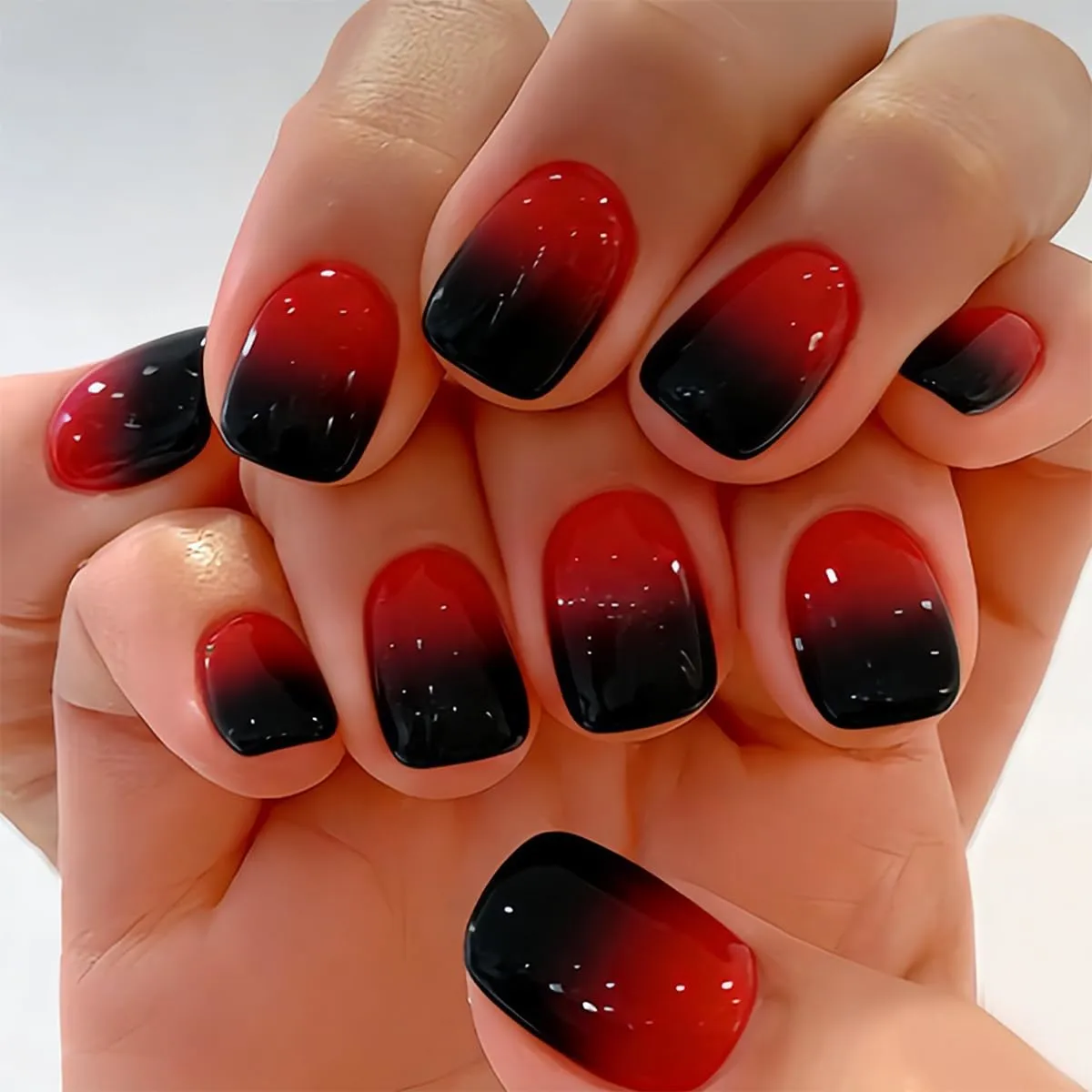 Short Square Press on Nails Glossy Red Black Gradient Fake Nails French Tip Acrylic Glue on Nail Full Cover Cute Holiday False Nails Design for Women and Girls Manicure Accessories