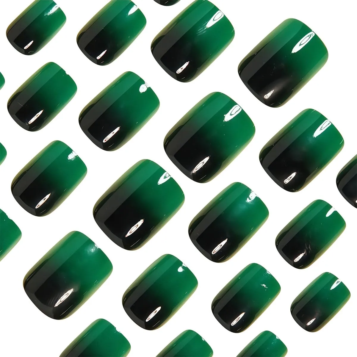 Gradient Press on Nails Short Square Glossy Fake Nails Green Black French Tip Acrylic Nail Full Cover False Nails with Glue Reusable Artificial Acrylic Nails for Women and Girls Nail Art Decorations
