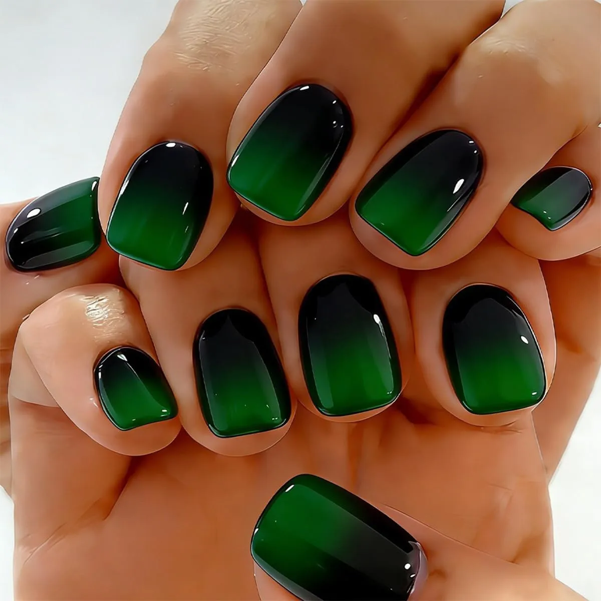 Gradient Press on Nails Short Square Glossy Fake Nails Green Black French Tip Acrylic Nail Full Cover False Nails with Glue Reusable Artificial Acrylic Nails for Women and Girls Nail Art Decorations
