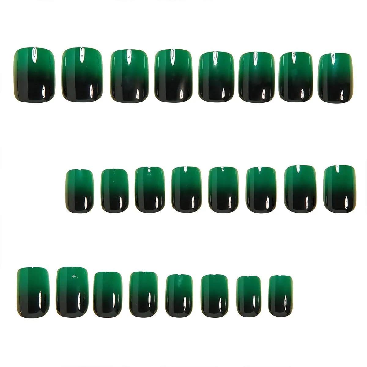 Gradient Press on Nails Short Square Glossy Fake Nails Green Black French Tip Acrylic Nail Full Cover False Nails with Glue Reusable Artificial Acrylic Nails for Women and Girls Nail Art Decorations