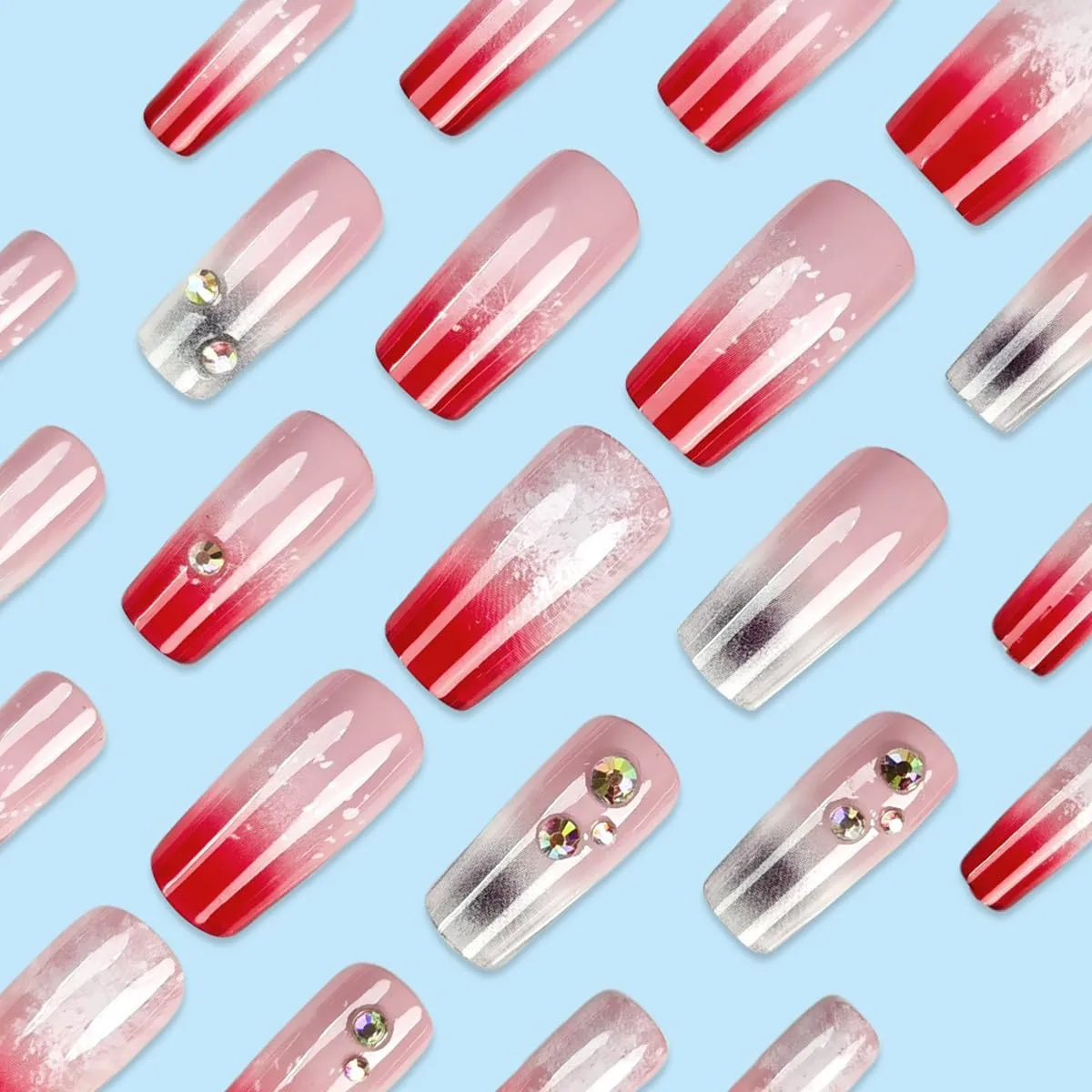 Long Press on Nails French Tip Square Fake Nails Red Gradient Acrylic False Nails with Rhinestones Designs Glossy Glue on Nails Holiday Cute Artificial Stick on Nails for Women Girls 24Pcs