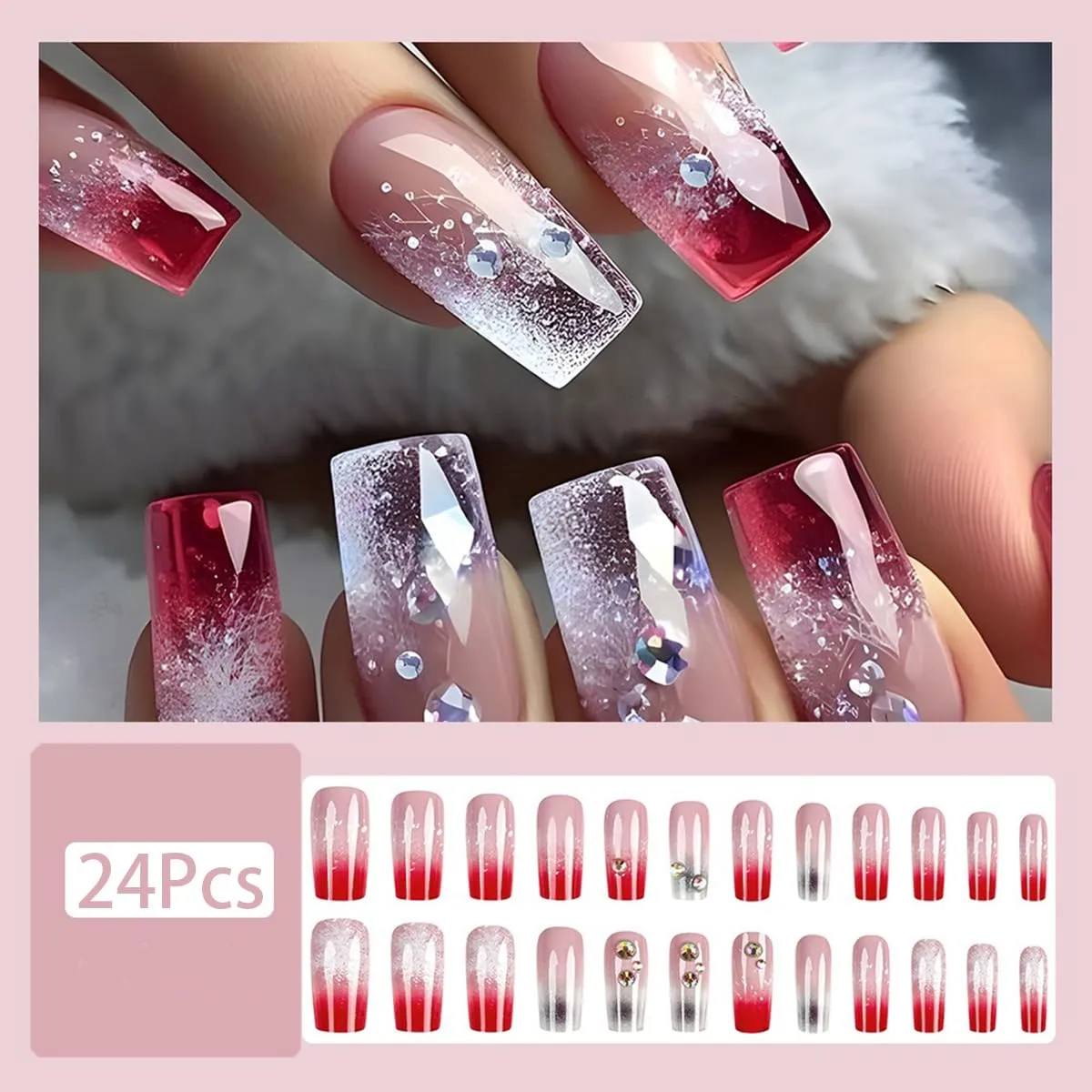 Long Press on Nails French Tip Square Fake Nails Red Gradient Acrylic False Nails with Rhinestones Designs Glossy Glue on Nails Holiday Cute Artificial Stick on Nails for Women Girls 24Pcs