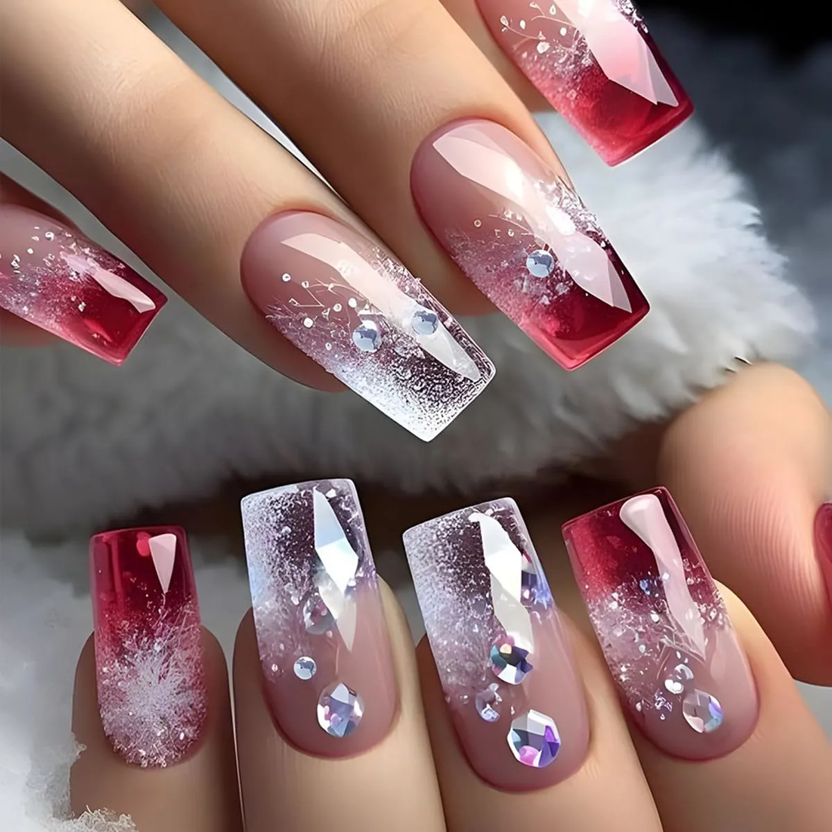 Long Press on Nails French Tip Square Fake Nails Red Gradient Acrylic False Nails with Rhinestones Designs Glossy Glue on Nails Holiday Cute Artificial Stick on Nails for Women Girls 24Pcs