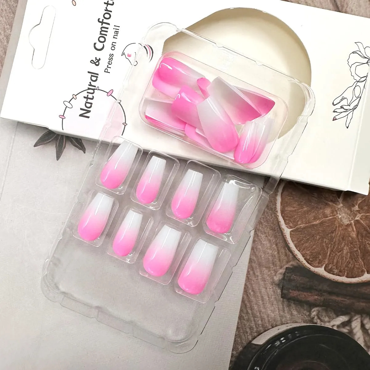 Medium Coffin Press on Nails Cute Pink Gradient Fake Nails with Design Glossy Acrylic Stick on Nails Pink White False Nails French Tip Glue on Nails Reusable Ballet Nails for Women Girls 24Pcs