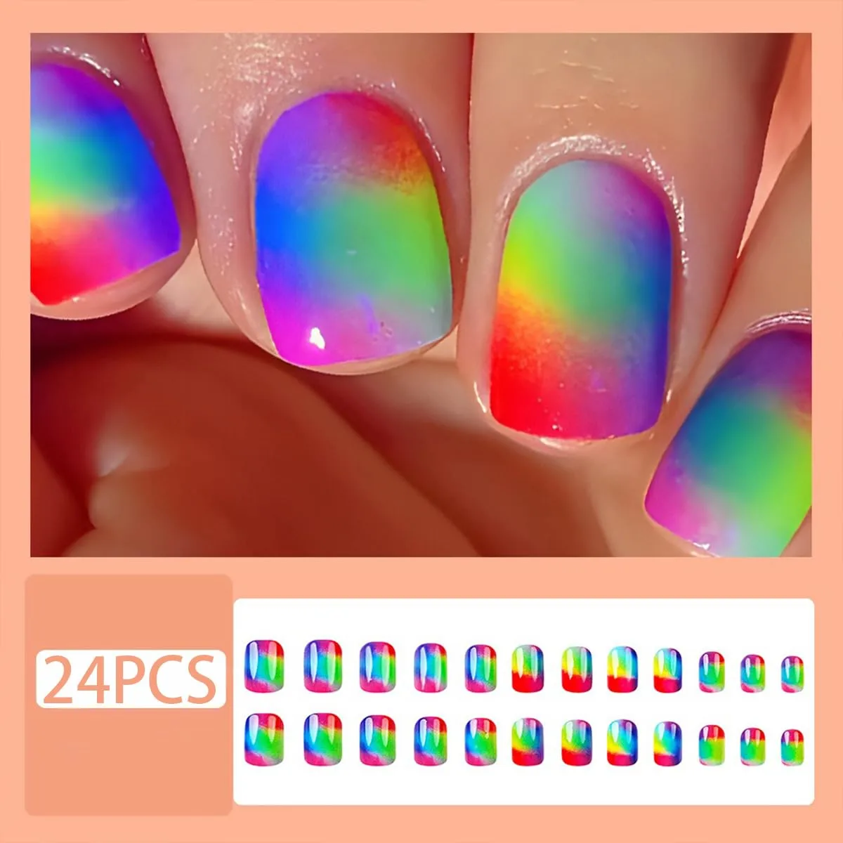 24Pcs Rainbow Press on Nails Square Short Fake Nails with Colorful Gradient Designs Full Cover Acrylic Nails Press on Glossy Artificial False Nails Cute Stick on Nails for Women Girls