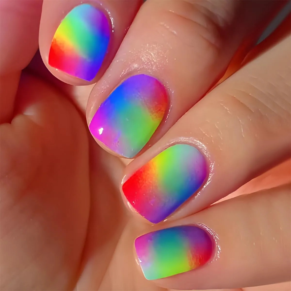 24Pcs Rainbow Press on Nails Square Short Fake Nails with Colorful Gradient Designs Full Cover Acrylic Nails Press on Glossy Artificial False Nails Cute Stick on Nails for Women Girls