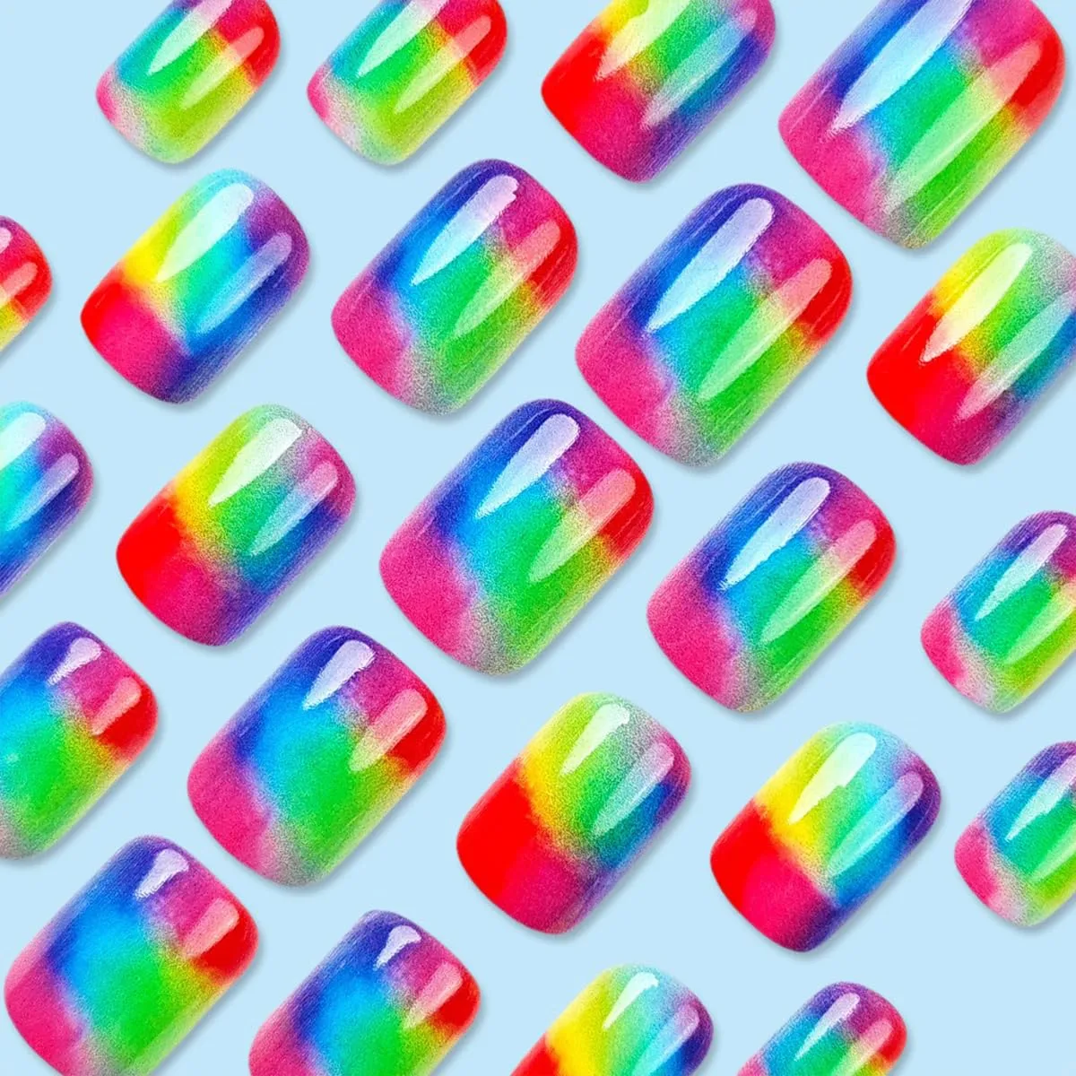 24Pcs Rainbow Press on Nails Square Short Fake Nails with Colorful Gradient Designs Full Cover Acrylic Nails Press on Glossy Artificial False Nails Cute Stick on Nails for Women Girls
