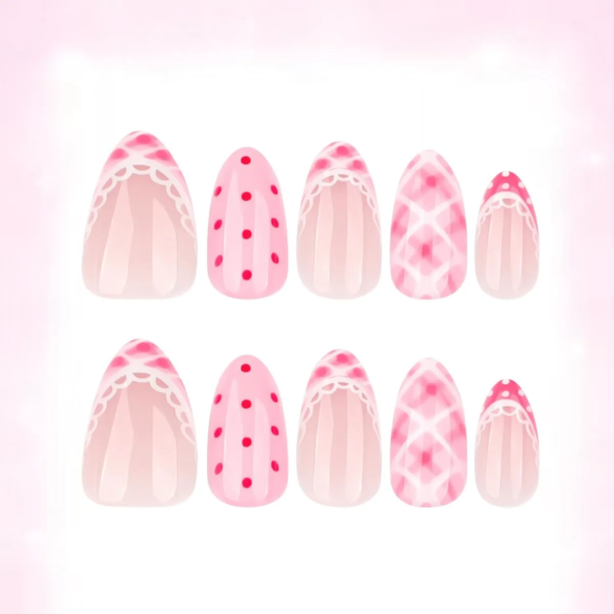 24Pcs Pink White Press on Nails Medium Almond Cute Polka Dot Checkered False Nails Lace Design French Tip Fake Nails Full Cover Acrylic Nail for Women Daily Manicure Decor