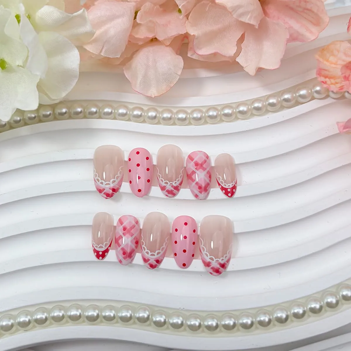 24Pcs Pink White Press on Nails Medium Almond Cute Polka Dot Checkered False Nails Lace Design French Tip Fake Nails Full Cover Acrylic Nail for Women Daily Manicure Decor