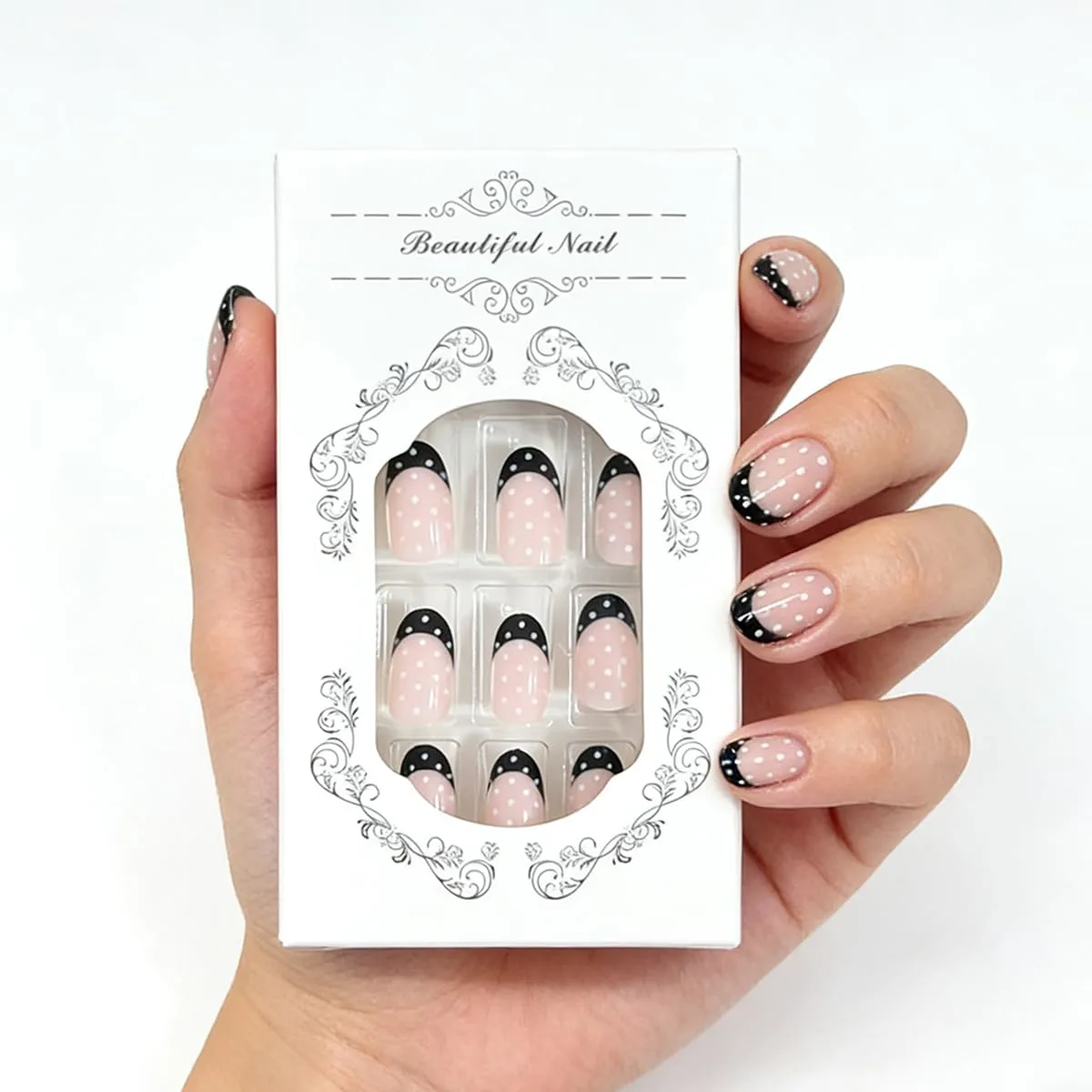 24Pcs Black French Tip Press on Nails Short Oval White Polka Dots Design Fake Nails Cute Acrylic Stick on Nails Full Cover False Nail for Women Daily Manicure Accessories