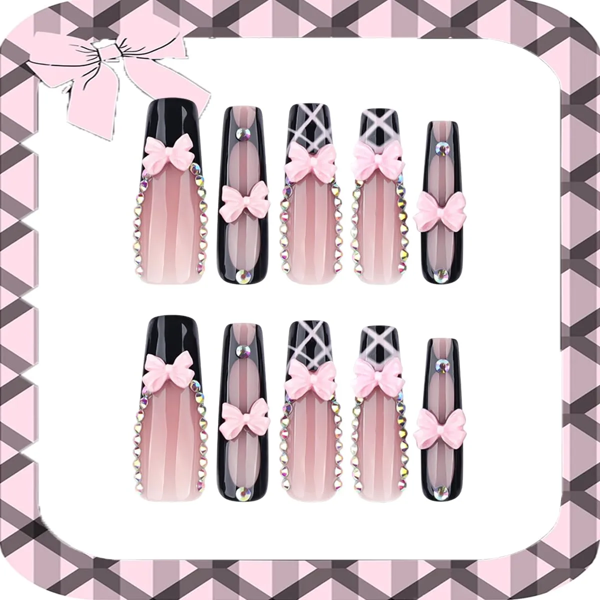 24Pcs Black Pink Press on Nails Long Square French Tip Fake Nails with Bow Charms Rhinestones Design Glossy Stick on Nails Full Cover Coffin Acrylic Nail for Women Party Daily Wear