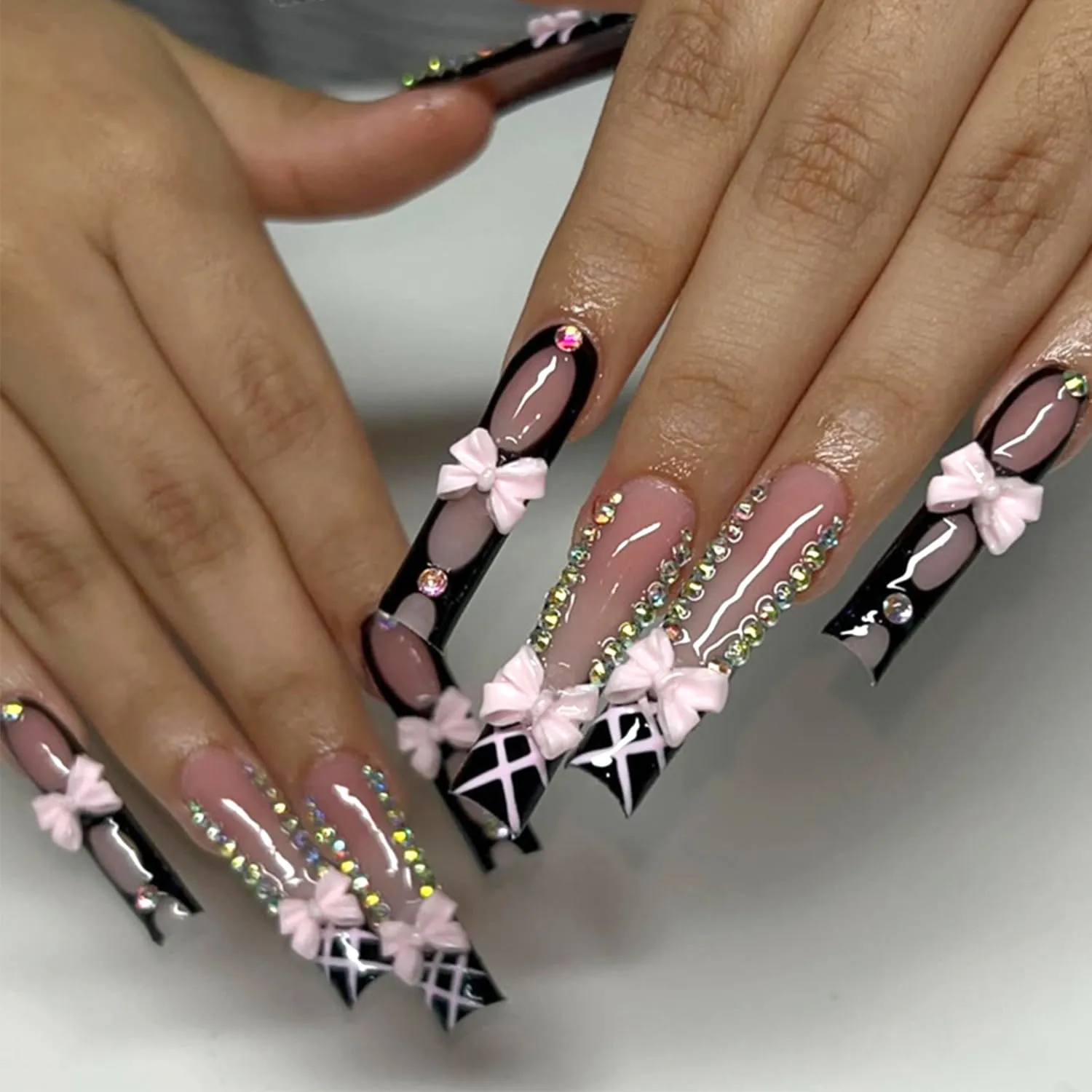 24Pcs Black Pink Press on Nails Long Square French Tip Fake Nails with Bow Charms Rhinestones Design Glossy Stick on Nails Full Cover Coffin Acrylic Nail for Women Party Daily Wear