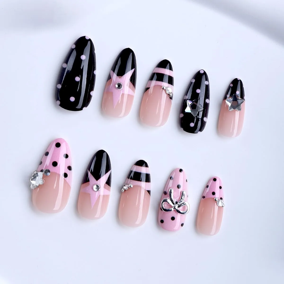 24Pcs Cute Polka Dot Press on Nails Medium Almond French Tip Fake Nails with Bow Charms Design Star Stripe Dots False Nails Full Cover Acrylic Nail for Women Daily Nail Decor supplies