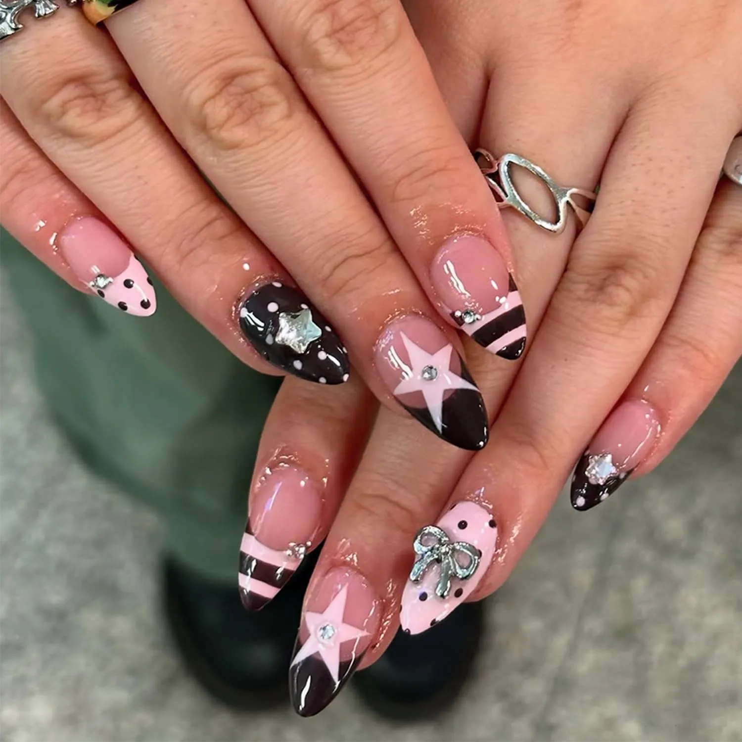 24Pcs Cute Polka Dot Press on Nails Medium Almond French Tip Fake Nails with Bow Charms Design Star Stripe Dots False Nails Full Cover Acrylic Nail for Women Daily Nail Decor supplies