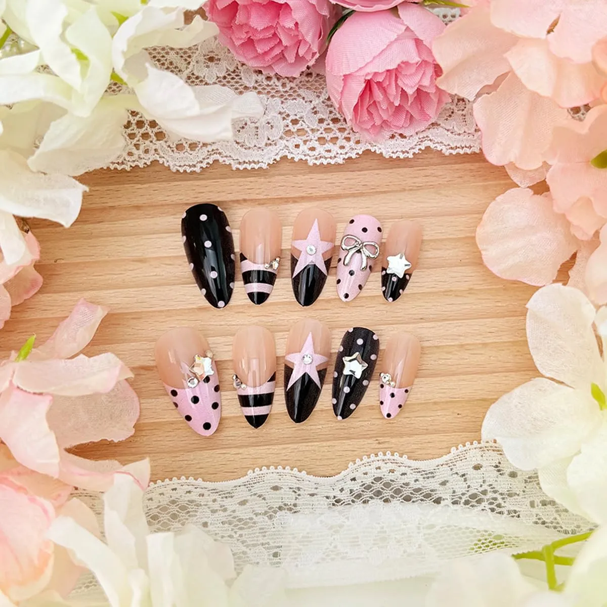 24Pcs Cute Polka Dot Press on Nails Medium Almond French Tip Fake Nails with Bow Charms Design Star Stripe Dots False Nails Full Cover Acrylic Nail for Women Daily Nail Decor supplies