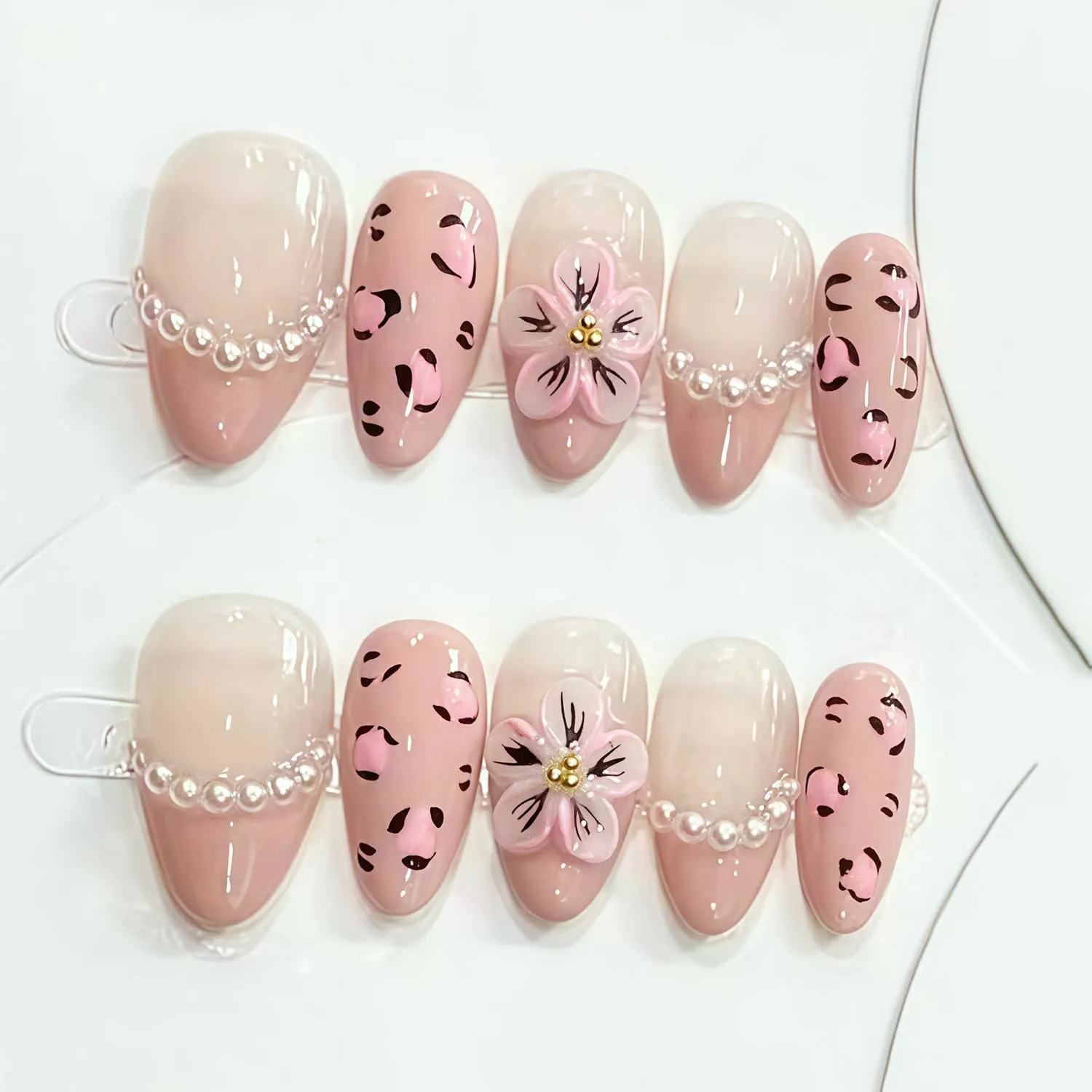 30Pcs Flower Press on Nails Medium Almond Pink French Tip Stick on Nails with 3D Floral Peal Design Cute Leopard Print Acrylic Fake Nails for Women Spring Summer Manicure Decor