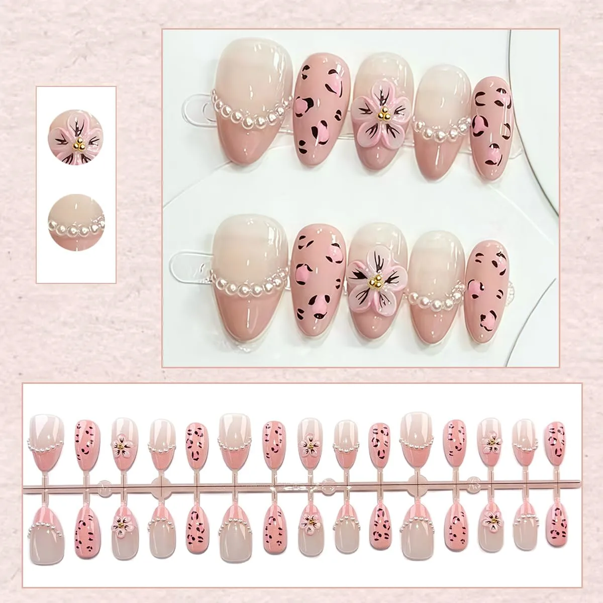 30Pcs Flower Press on Nails Medium Almond Pink French Tip Stick on Nails with 3D Floral Peal Design Cute Leopard Print Acrylic Fake Nails for Women Spring Summer Manicure Decor
