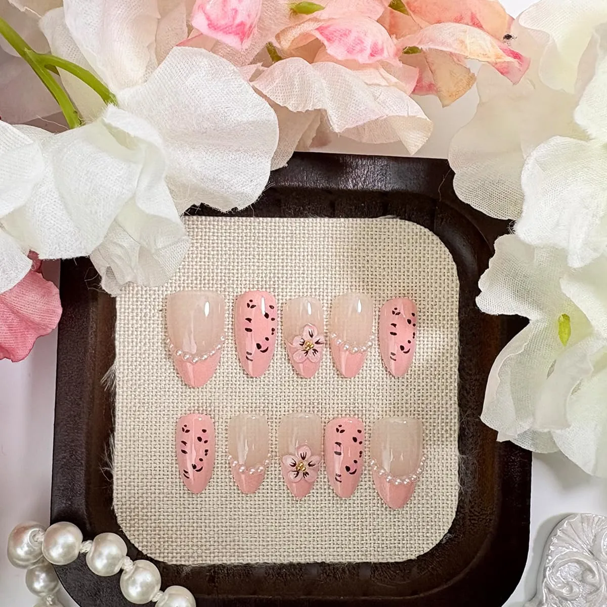 30Pcs Flower Press on Nails Medium Almond Pink French Tip Stick on Nails with 3D Floral Peal Design Cute Leopard Print Acrylic Fake Nails for Women Spring Summer Manicure Decor