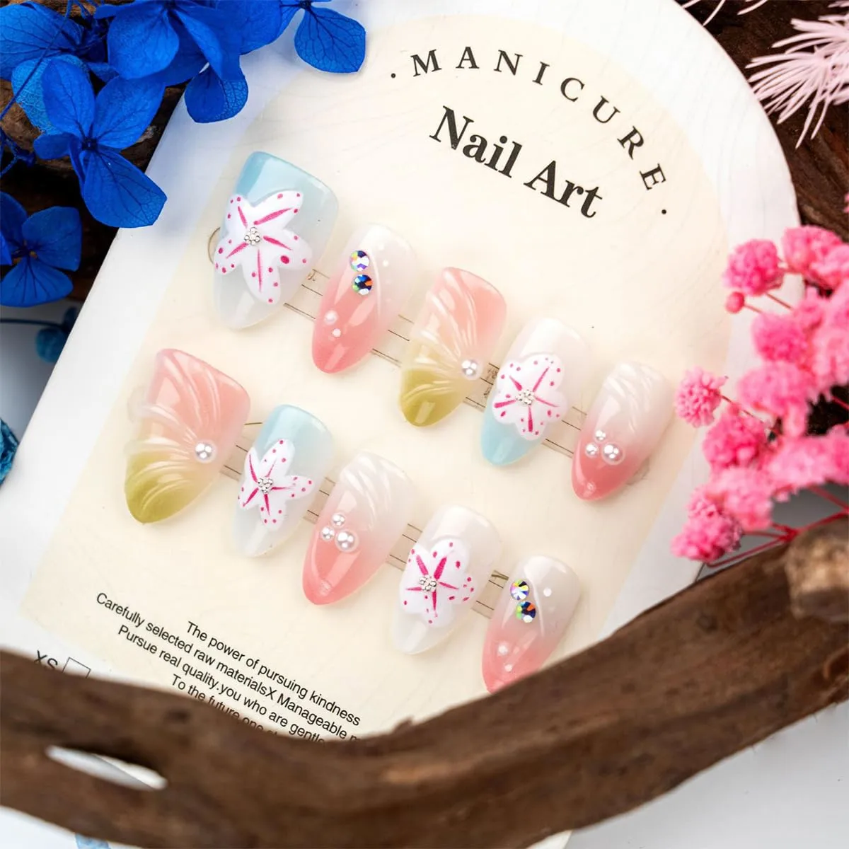 30pcs Flower Press on Nails Medium Almond Hibiscus Floral Fake Nails with Pearl Rhinestones Design Colorful Gradient False Nails Full Cover Acrylic Nail for Women Spring Summer Manicure Supplies