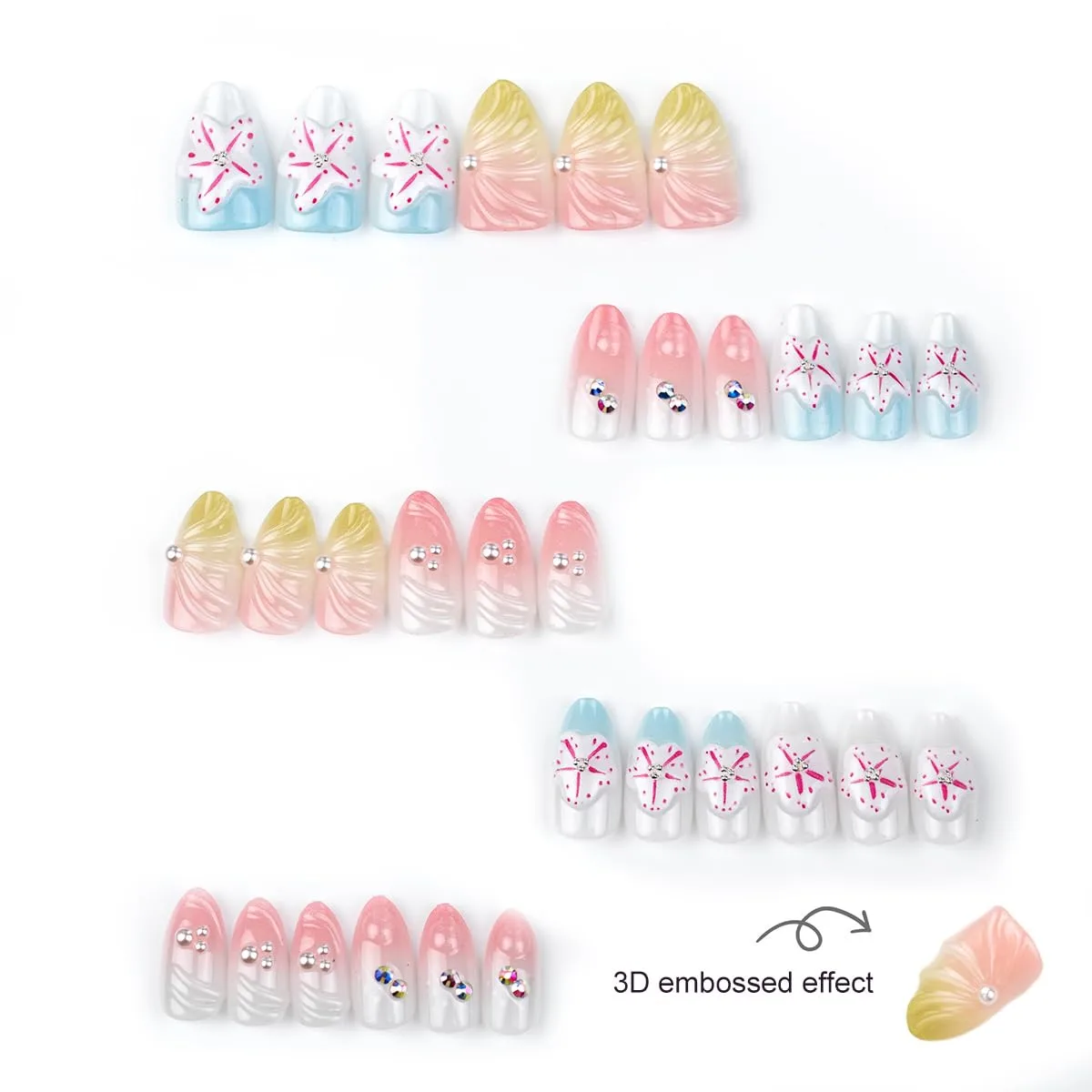 30pcs Flower Press on Nails Medium Almond Hibiscus Floral Fake Nails with Pearl Rhinestones Design Colorful Gradient False Nails Full Cover Acrylic Nail for Women Spring Summer Manicure Supplies