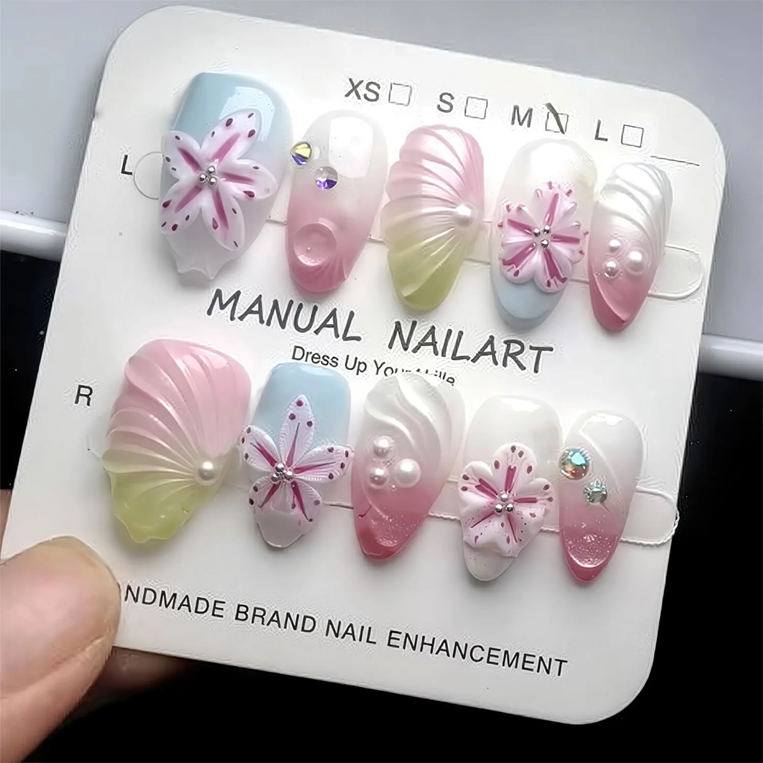 30pcs Flower Press on Nails Medium Almond Hibiscus Floral Fake Nails with Pearl Rhinestones Design Colorful Gradient False Nails Full Cover Acrylic Nail for Women Spring Summer Manicure Supplies