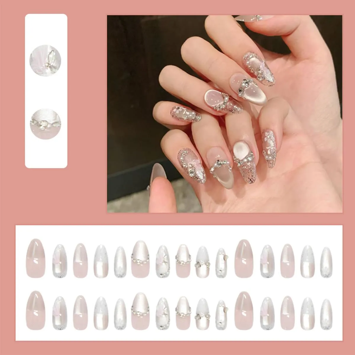 30Pcs Nude Gradient Press on Nails Medium Almond 3D Pink Fake Nails Flower Pearl Rhinestones Design Sliver Glitter Acrylic False Nails Glossy Stick on Nail Supplies for Women Manicure Accessories