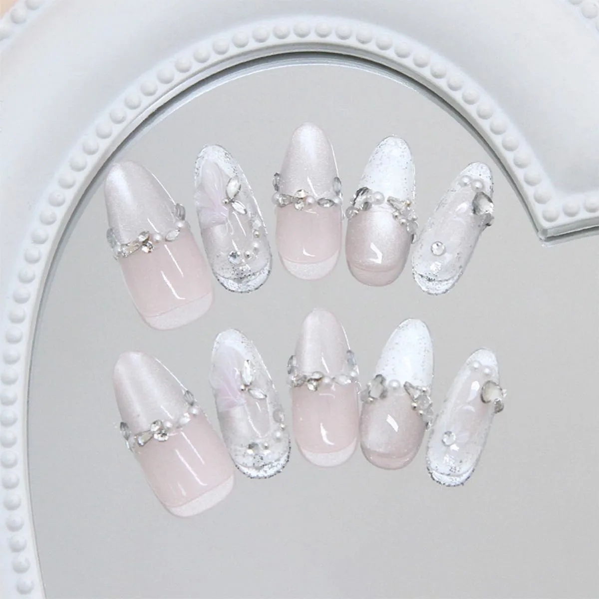 30Pcs Nude Gradient Press on Nails Medium Almond 3D Pink Fake Nails Flower Pearl Rhinestones Design Sliver Glitter Acrylic False Nails Glossy Stick on Nail Supplies for Women Manicure Accessories