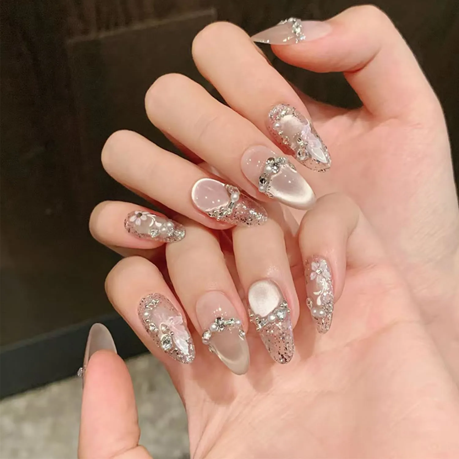 30Pcs Nude Gradient Press on Nails Medium Almond 3D Pink Fake Nails Flower Pearl Rhinestones Design Sliver Glitter Acrylic False Nails Glossy Stick on Nail Supplies for Women Manicure Accessories