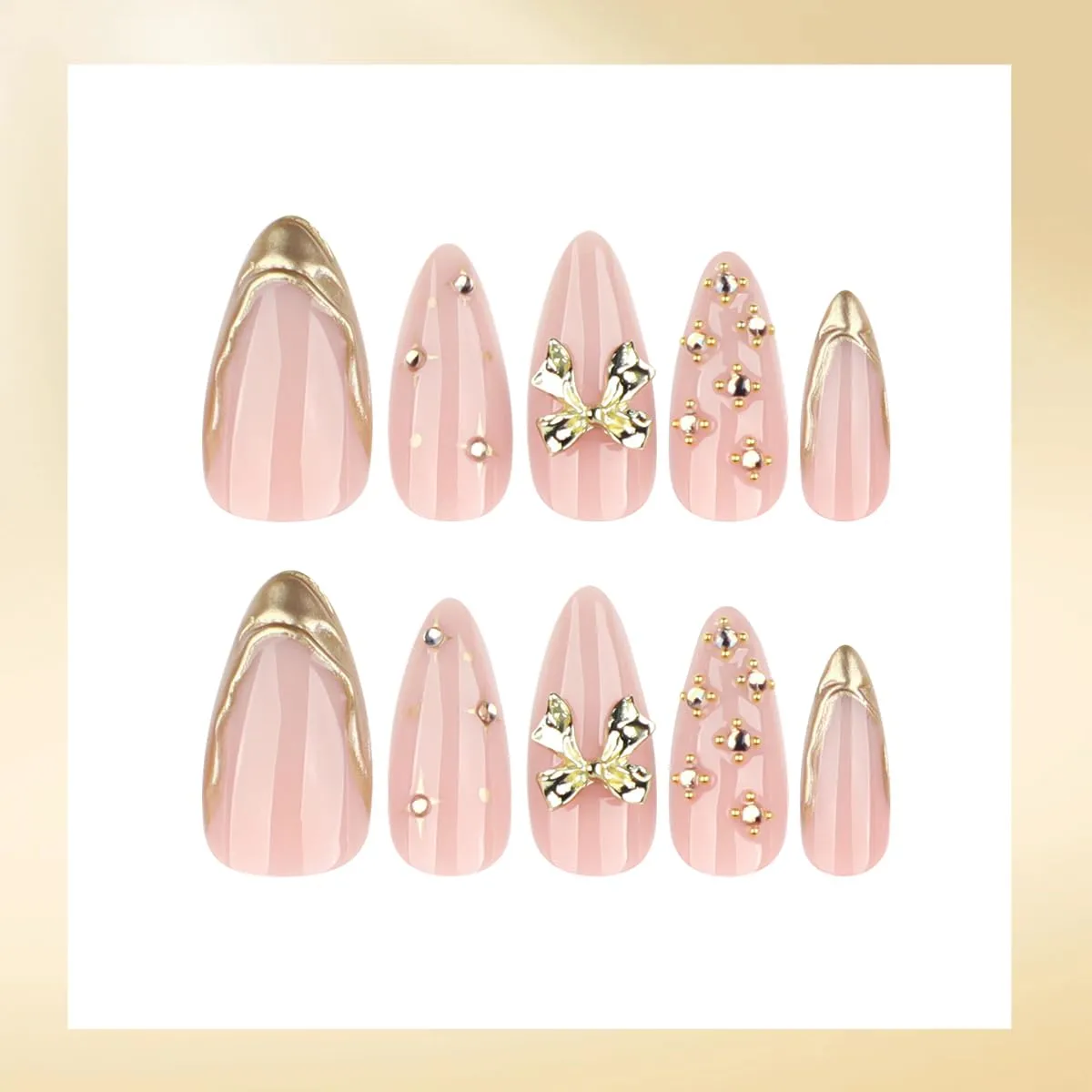24Pcs Gold French Tip Press on Nails Medium Almond Luxury Fake Nails with Bow Crystal Charms Design Nude Pink Acrylic Nails Supplies for Women Daily Nail Decor Supplies