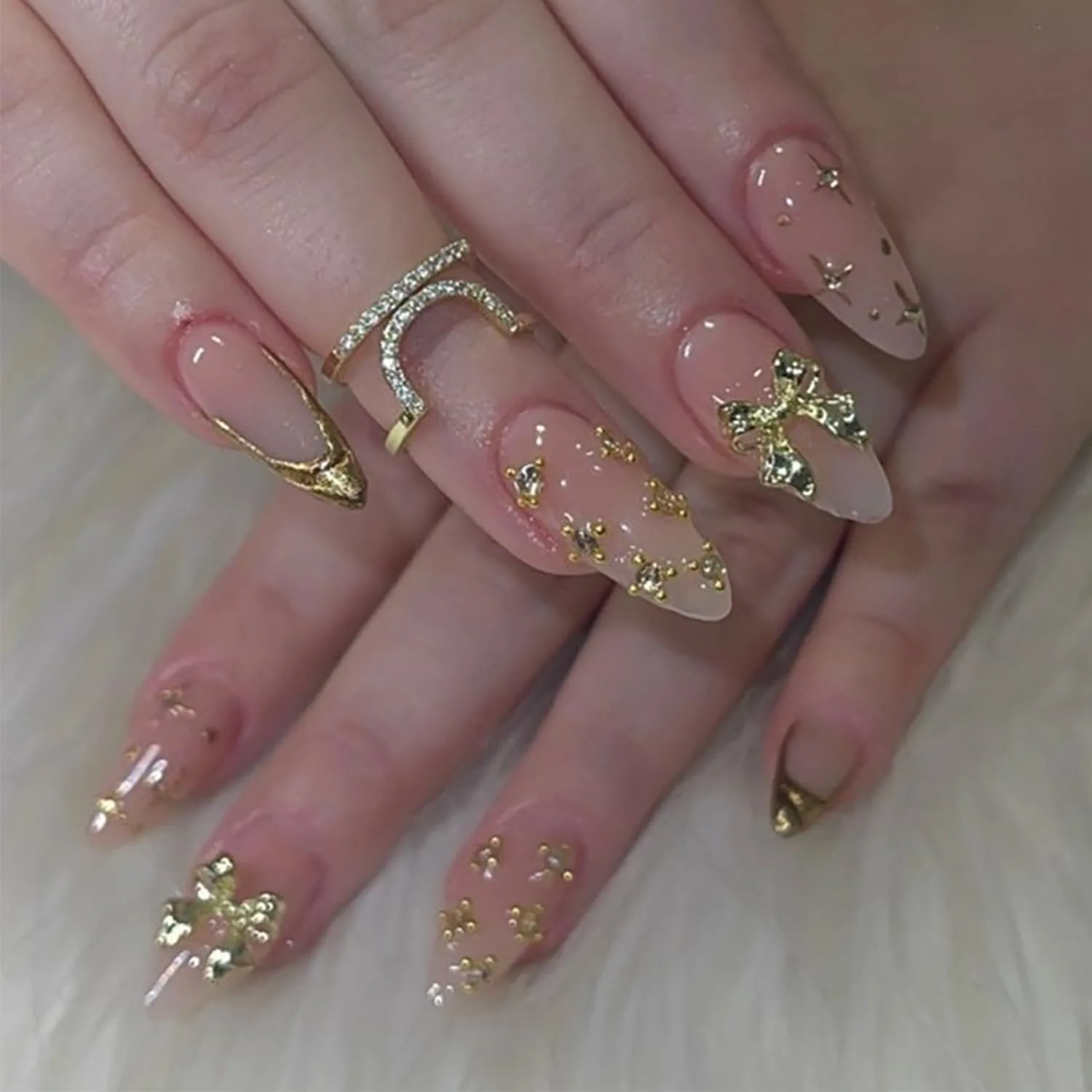 24Pcs Gold French Tip Press on Nails Medium Almond Luxury Fake Nails with Bow Crystal Charms Design Nude Pink Acrylic Nails Supplies for Women Daily Nail Decor Supplies