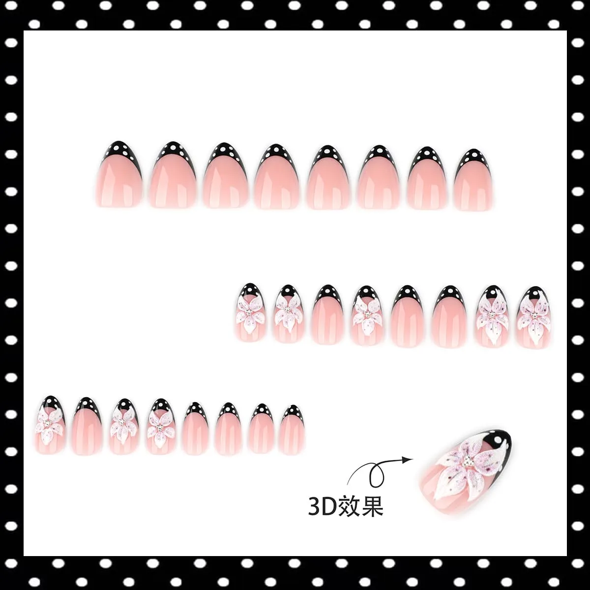 24Pcs Hibiscus Flower Press on Nails Short Almond Black French Tip Fake Nails with Cute Polka Dots Design Gradient Floral Full Cover Stick on Nails for Women Spring Summer Manicure Supplies