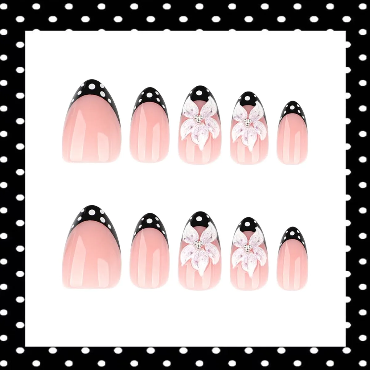 24Pcs Hibiscus Flower Press on Nails Short Almond Black French Tip Fake Nails with Cute Polka Dots Design Gradient Floral Full Cover Stick on Nails for Women Spring Summer Manicure Supplies