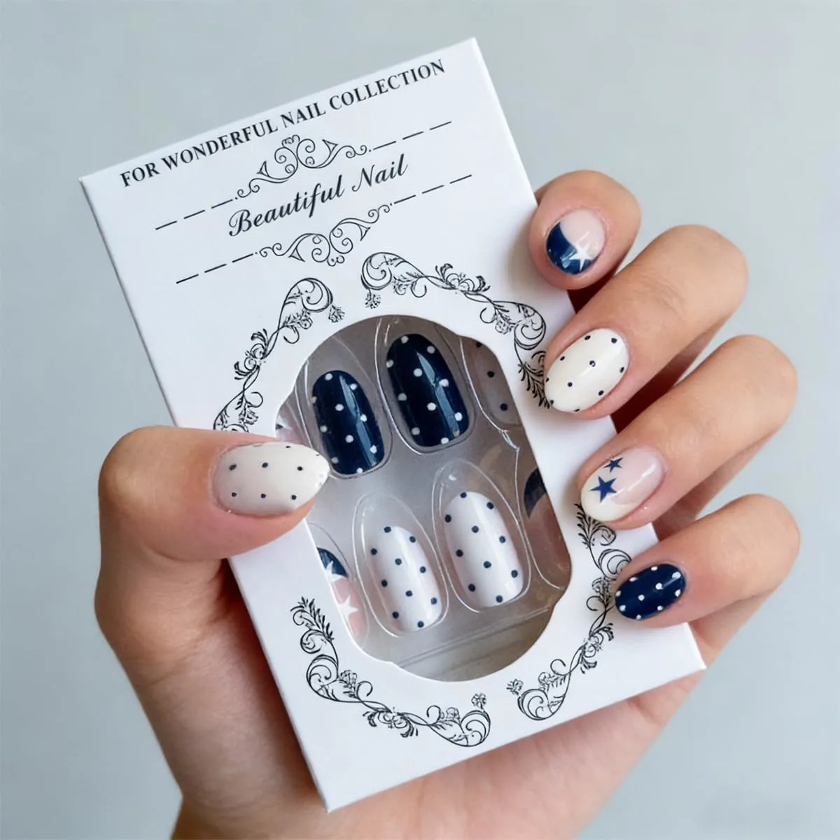 24Pcs Blue White Polka Dot Press on Nails Short Almond Reusable French Tip Acrylic Fake Nails Cute Five-Pointed Star Dots False Nails for Women Daily Holiday Nail Decor Accessories