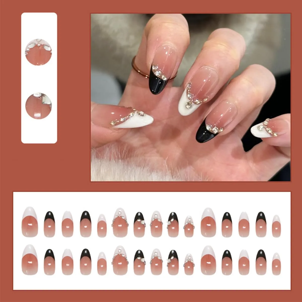 30Pcs Black White French Tip Press on Nails Medium Almond Glossy Fake Nails with Rhinestones Design 3D Luxury Crystal Stick on Nails Acrylic Nail Supplies for Women Daily Manicure