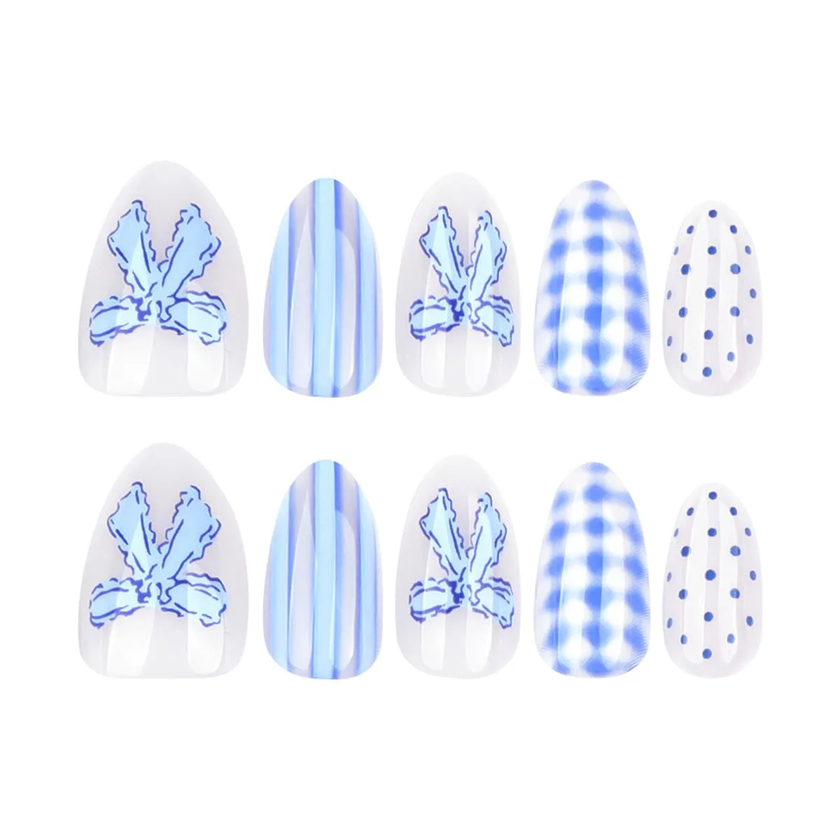 24Pcs Blue White Press on Nails Medium Almond Cute Bow Acrylic Fake Nails Polka Dot Striped Checkered Design Stick on Nails Glossy Full Cover False Nail for Women Daily Manicure Decor