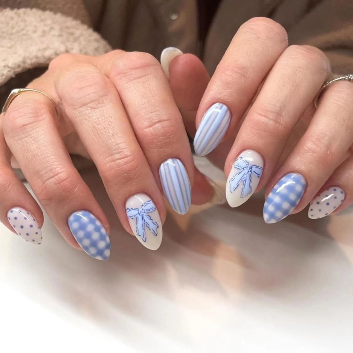 24Pcs Blue White Press on Nails Medium Almond Cute Bow Acrylic Fake Nails Polka Dot Striped Checkered Design Stick on Nails Glossy Full Cover False Nail for Women Daily Manicure Decor