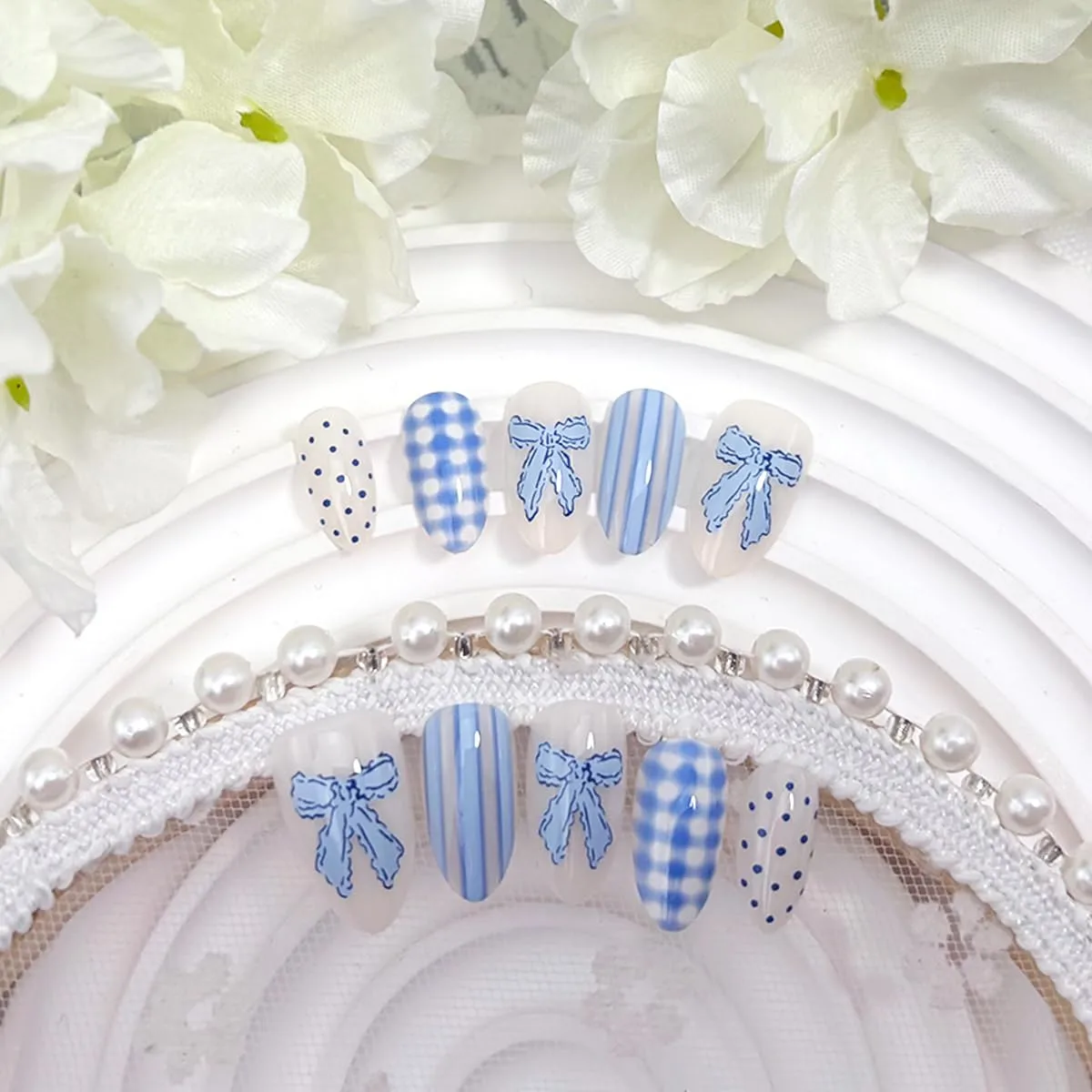 24Pcs Blue White Press on Nails Medium Almond Cute Bow Acrylic Fake Nails Polka Dot Striped Checkered Design Stick on Nails Glossy Full Cover False Nail for Women Daily Manicure Decor