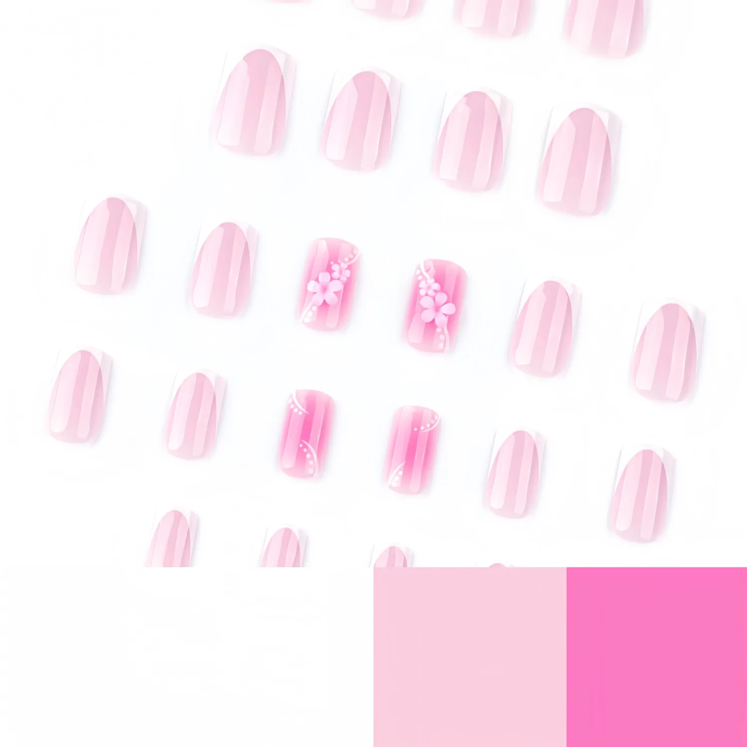 24Pcs 3D French Tip Press on Nails Medium Square Flower Fake Nails with Rhinestones Design Pink False Nails Pink Flower False Nails Stick on Nails Full Cover Artificial Nails for Women DIY Manicure