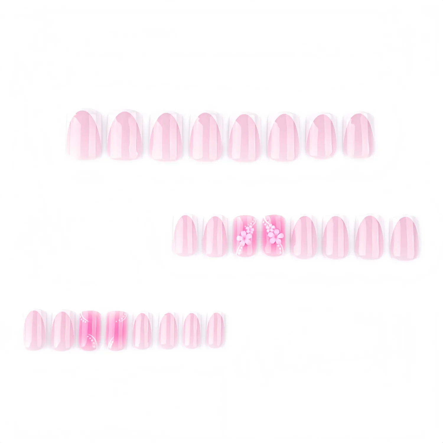 24Pcs 3D French Tip Press on Nails Medium Square Flower Fake Nails with Rhinestones Design Pink False Nails Pink Flower False Nails Stick on Nails Full Cover Artificial Nails for Women DIY Manicure