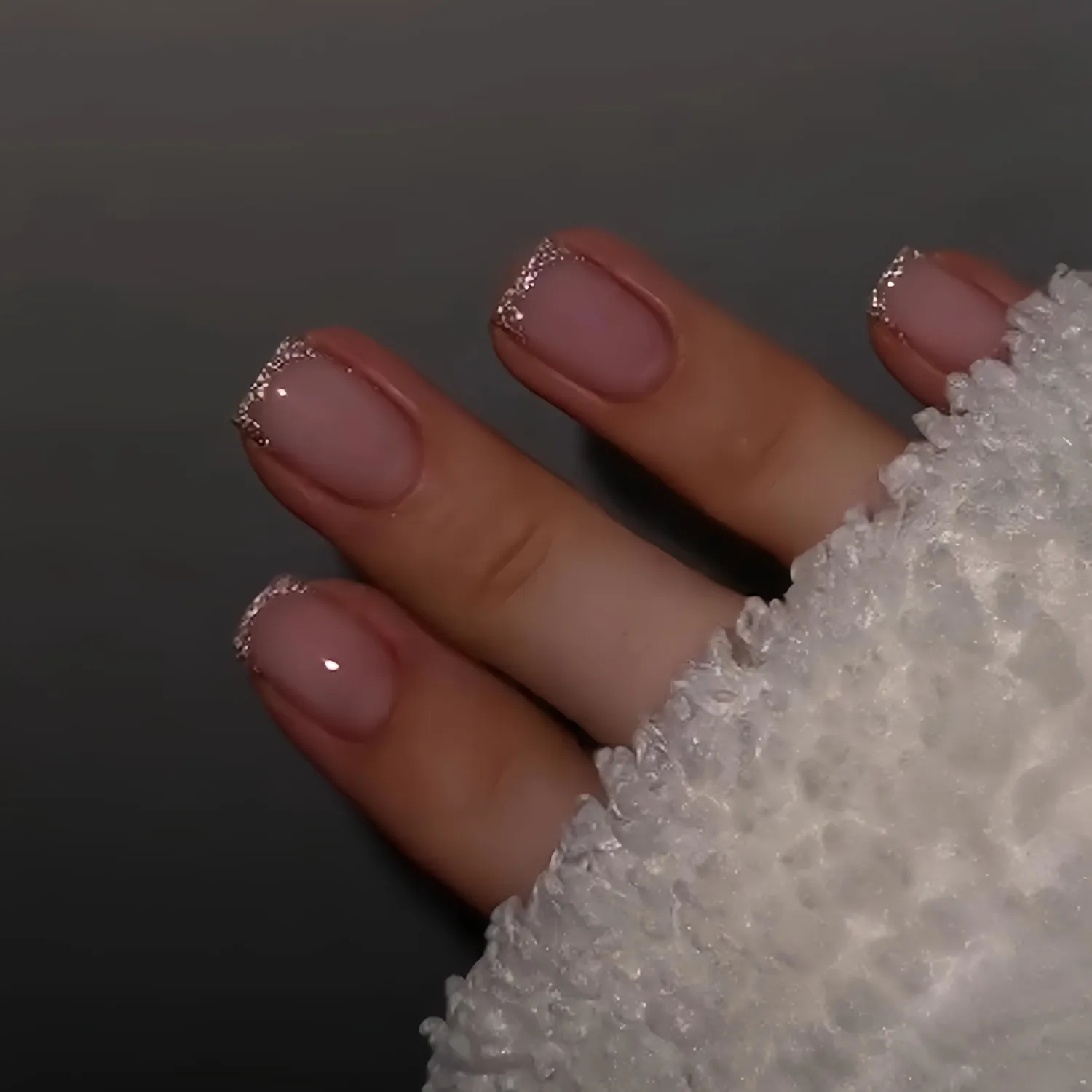 24Pcs Nude Pink Press on Nails Short Square Glossy Fake Nails Sliver Glitter French Tip False Nails Sparkle Gel Glue on Nails Reusable Glossy Shiny Full Cover Stick on Nails for Women Manicure
