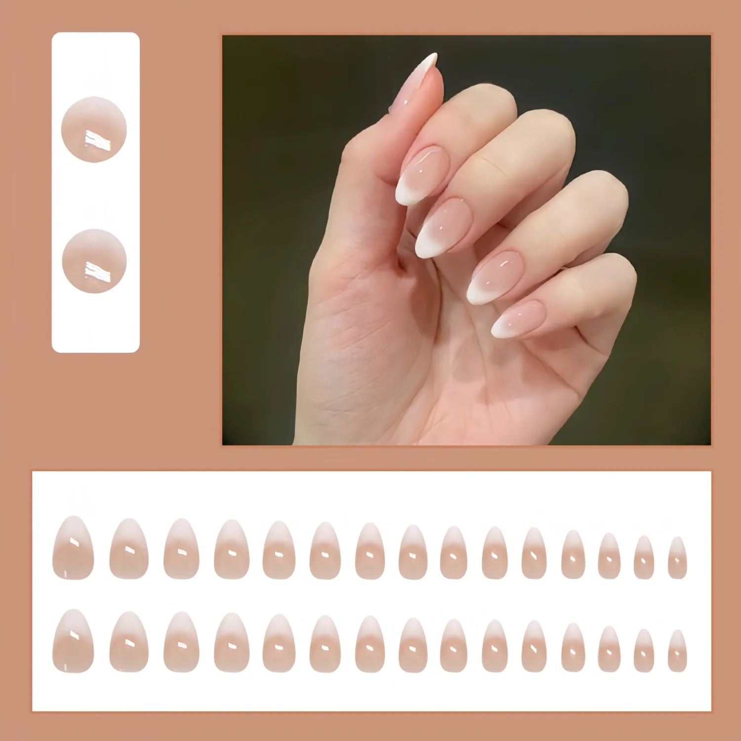 Ombre Press on Nails Short Almond Fake Nails Nude False Nails Pink Nail Press ons Gradient White French Tip Full Cover Acrylic Stick on Nails Glossy Glue on Nails Nude Artificial Nails for Women 24Pcs