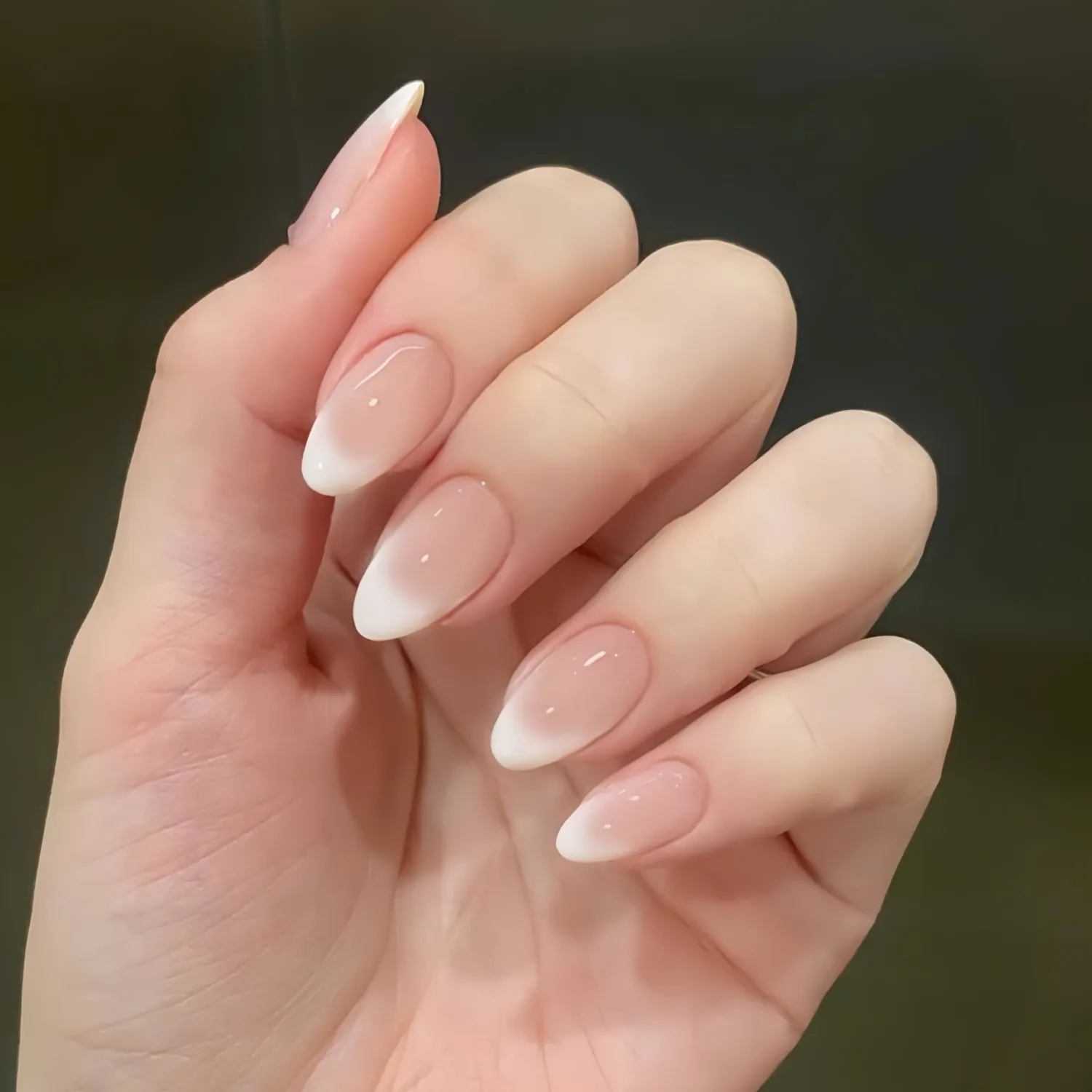 Ombre Press on Nails Short Almond Fake Nails Nude False Nails Pink Nail Press ons Gradient White French Tip Full Cover Acrylic Stick on Nails Glossy Glue on Nails Nude Artificial Nails for Women 24Pcs