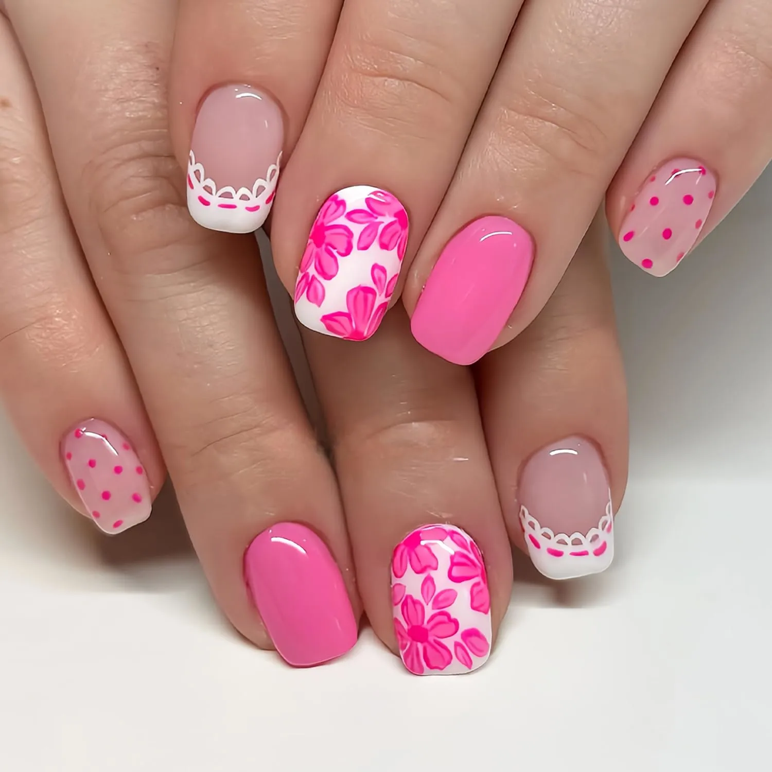 Pink Flower Press On Nails Short Square Fake Nails Spring French False Nails With Polka Dot Designs Acrylic Nail Press Ons Full Cover Glue On Nail Reusable Stick On Nail For Women 24Pcs