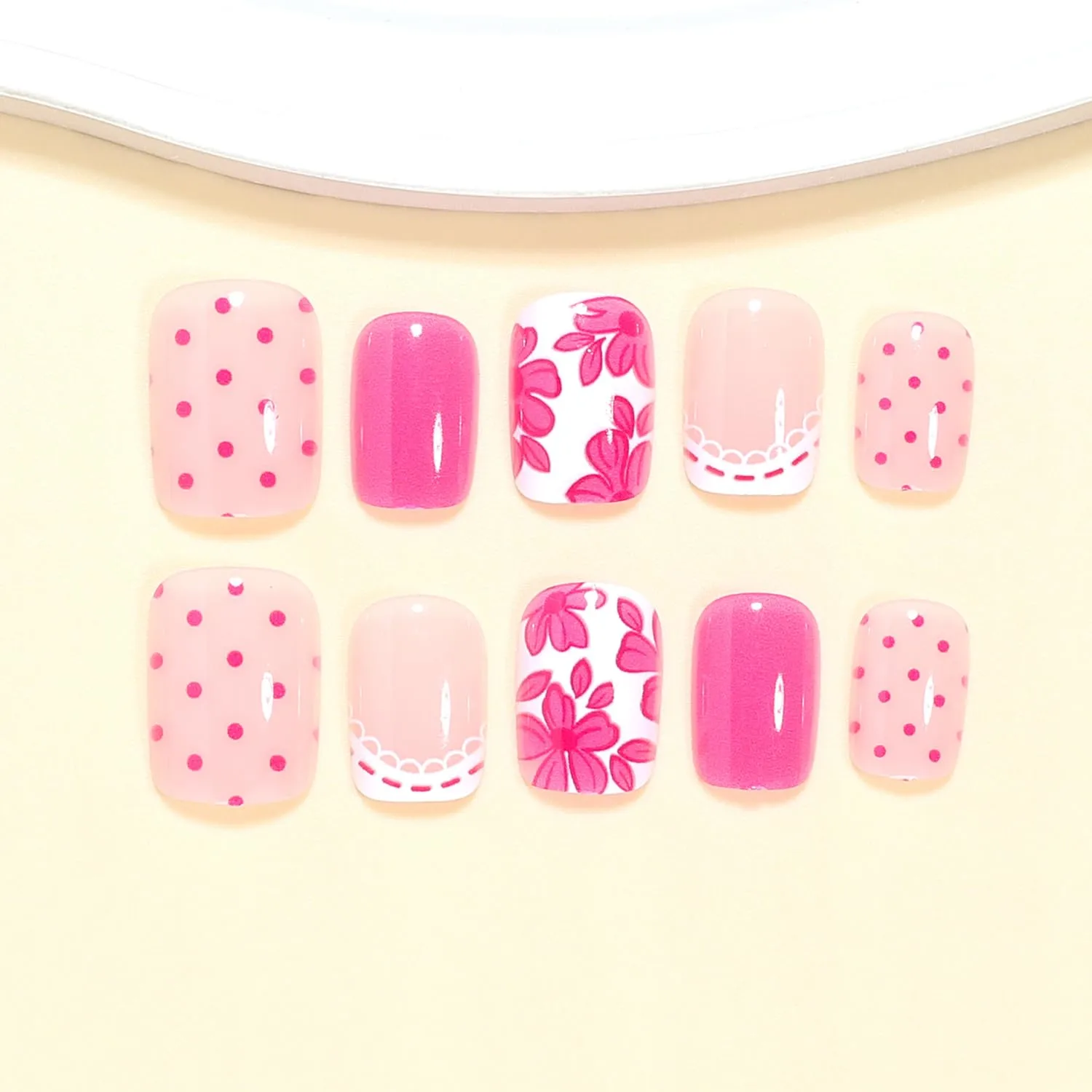 Pink Flower Press On Nails Short Square Fake Nails Spring French False Nails With Polka Dot Designs Acrylic Nail Press Ons Full Cover Glue On Nail Reusable Stick On Nail For Women 24Pcs