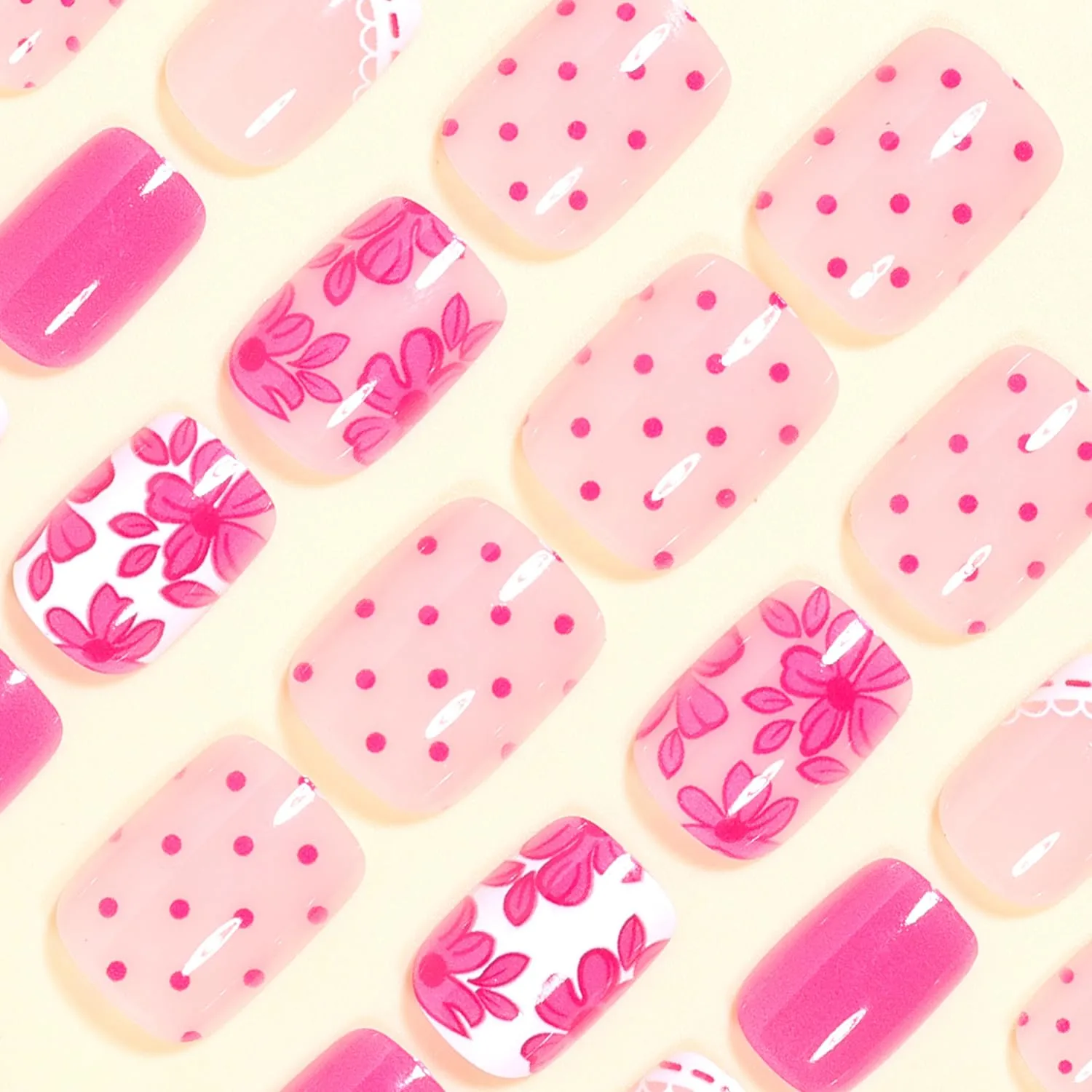 Pink Flower Press On Nails Short Square Fake Nails Spring French False Nails With Polka Dot Designs Acrylic Nail Press Ons Full Cover Glue On Nail Reusable Stick On Nail For Women 24Pcs