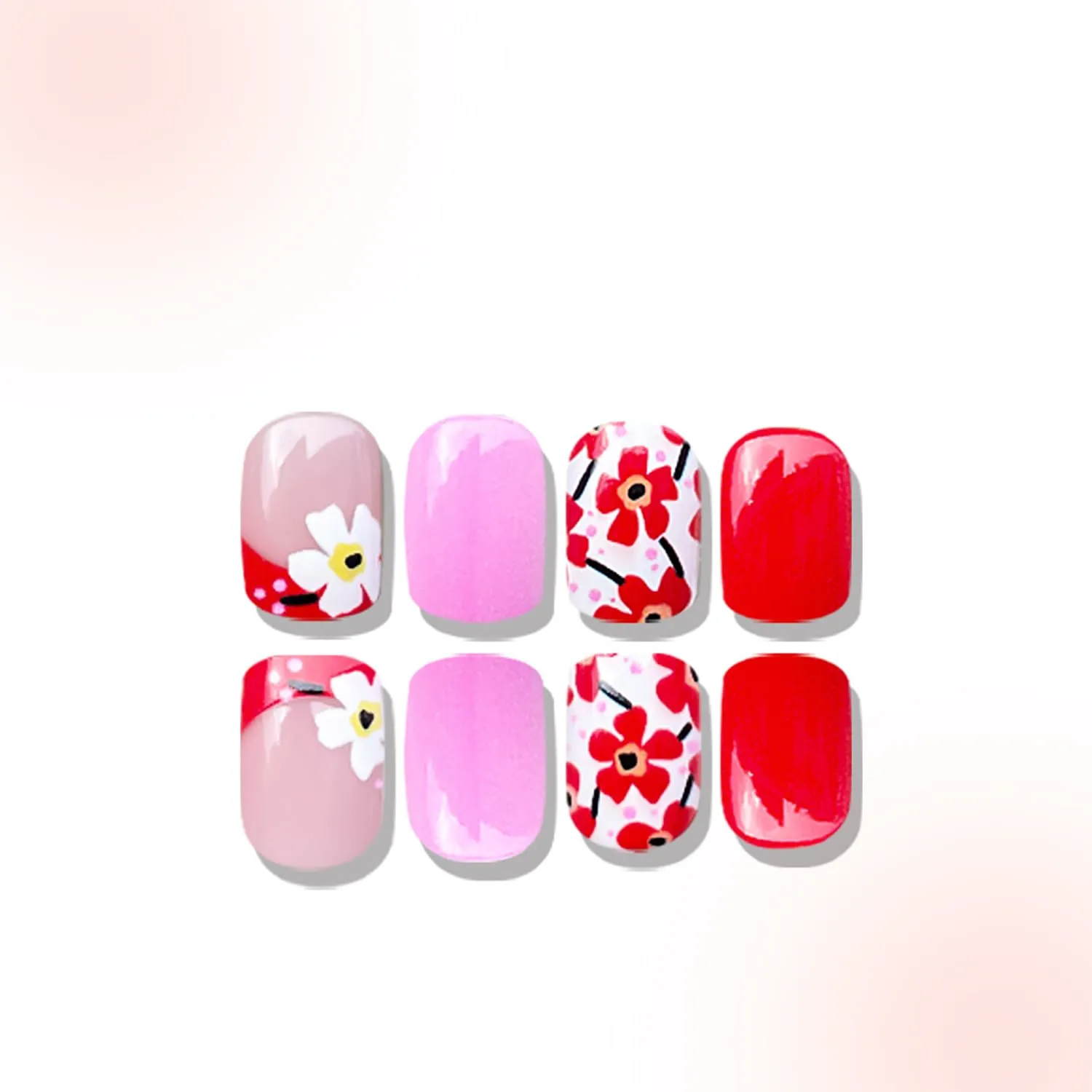 Spring Press On Nails Short Square Fake Nails Full Cover False Nails With Red Flower Designs Acrylic Nail Press Ons Reusable Glue On Nail Glossy Stick On Nail For Women Manicure 24Pcs