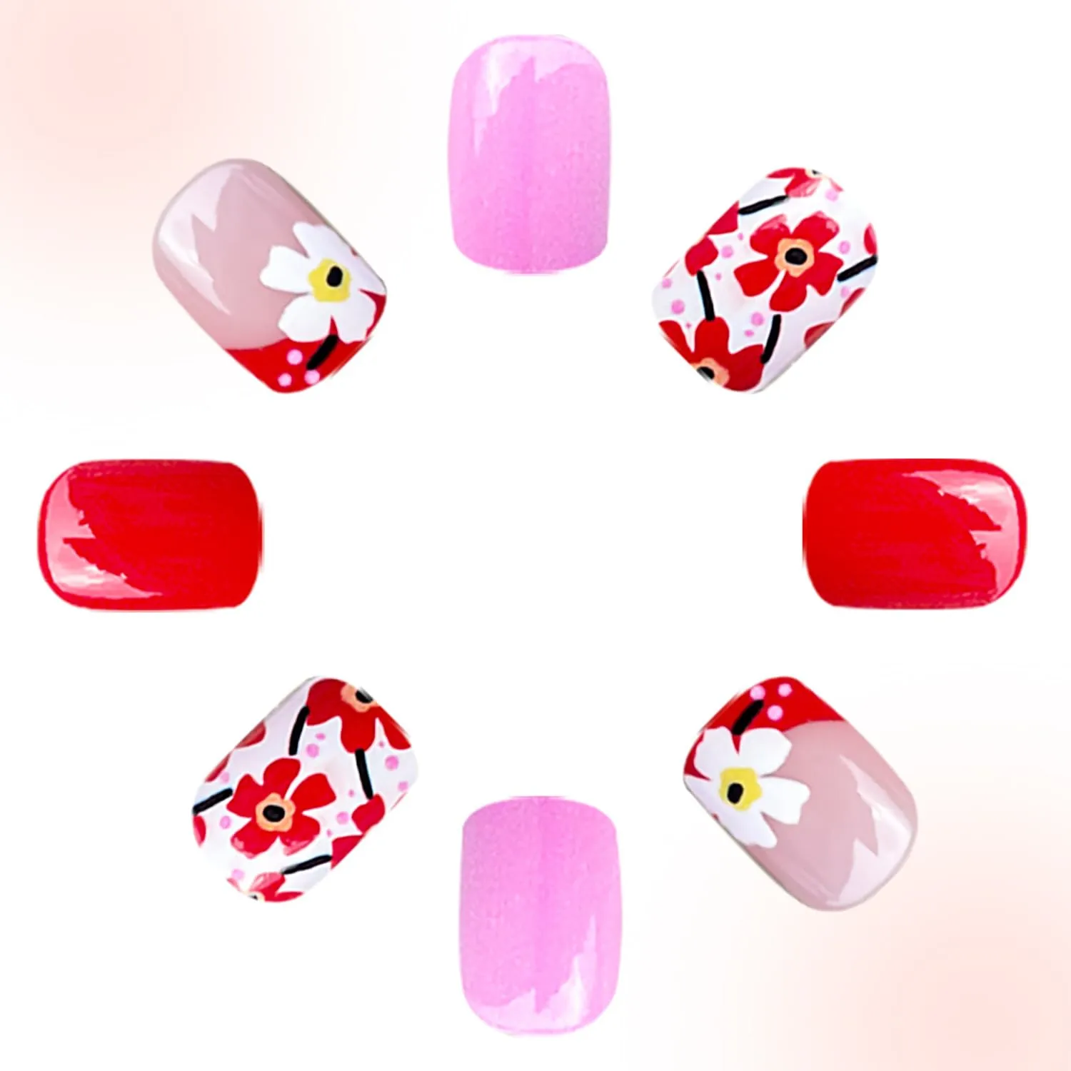 Spring Press On Nails Short Square Fake Nails Full Cover False Nails With Red Flower Designs Acrylic Nail Press Ons Reusable Glue On Nail Glossy Stick On Nail For Women Manicure 24Pcs